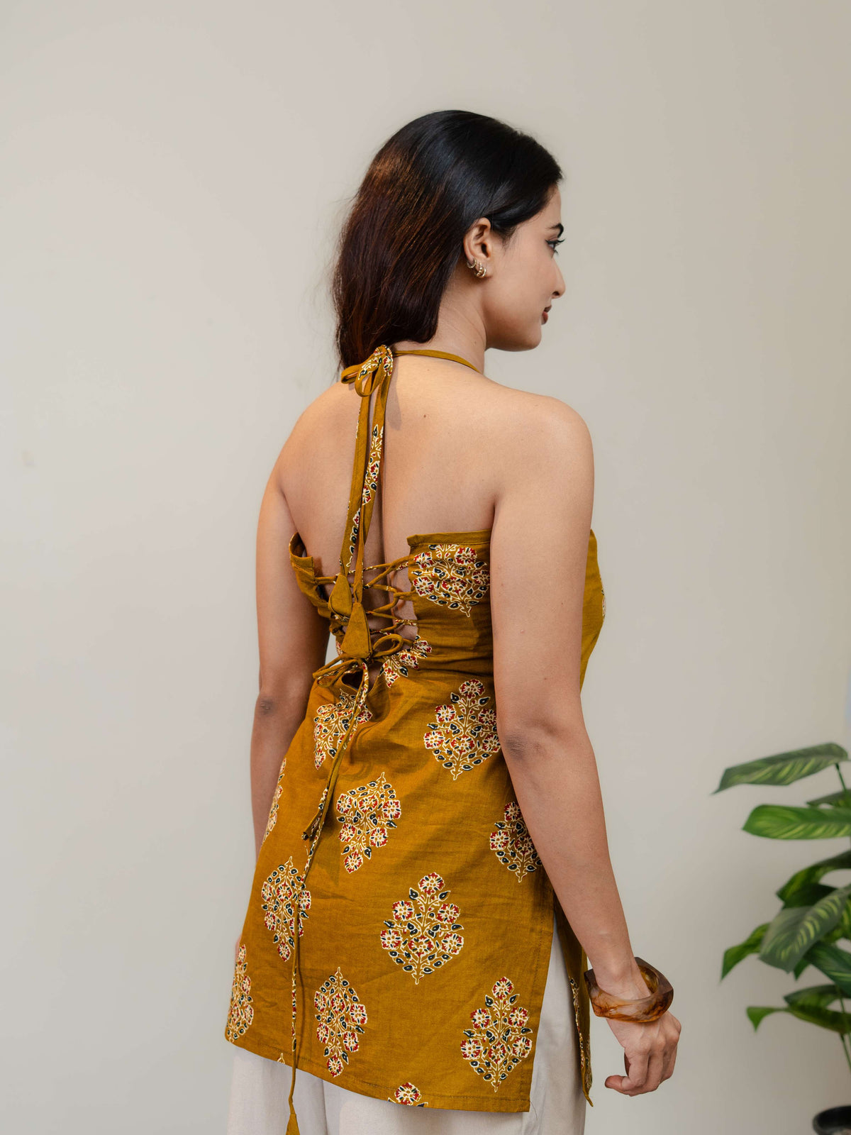 Mustard Yellow Halter Neck Printed Kurti for Women with Lace-Up Back