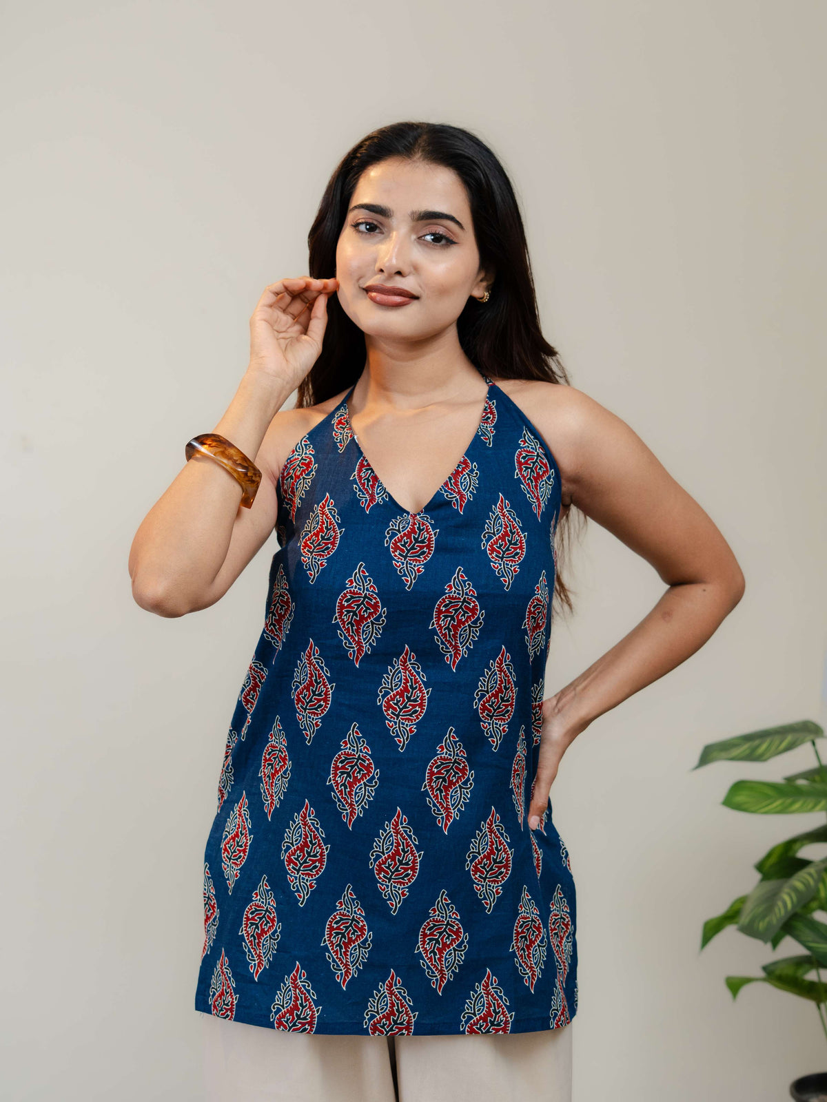 Navy Blue Halter Neck Printed Kurti for Women with Red & White Ethnic Motifs