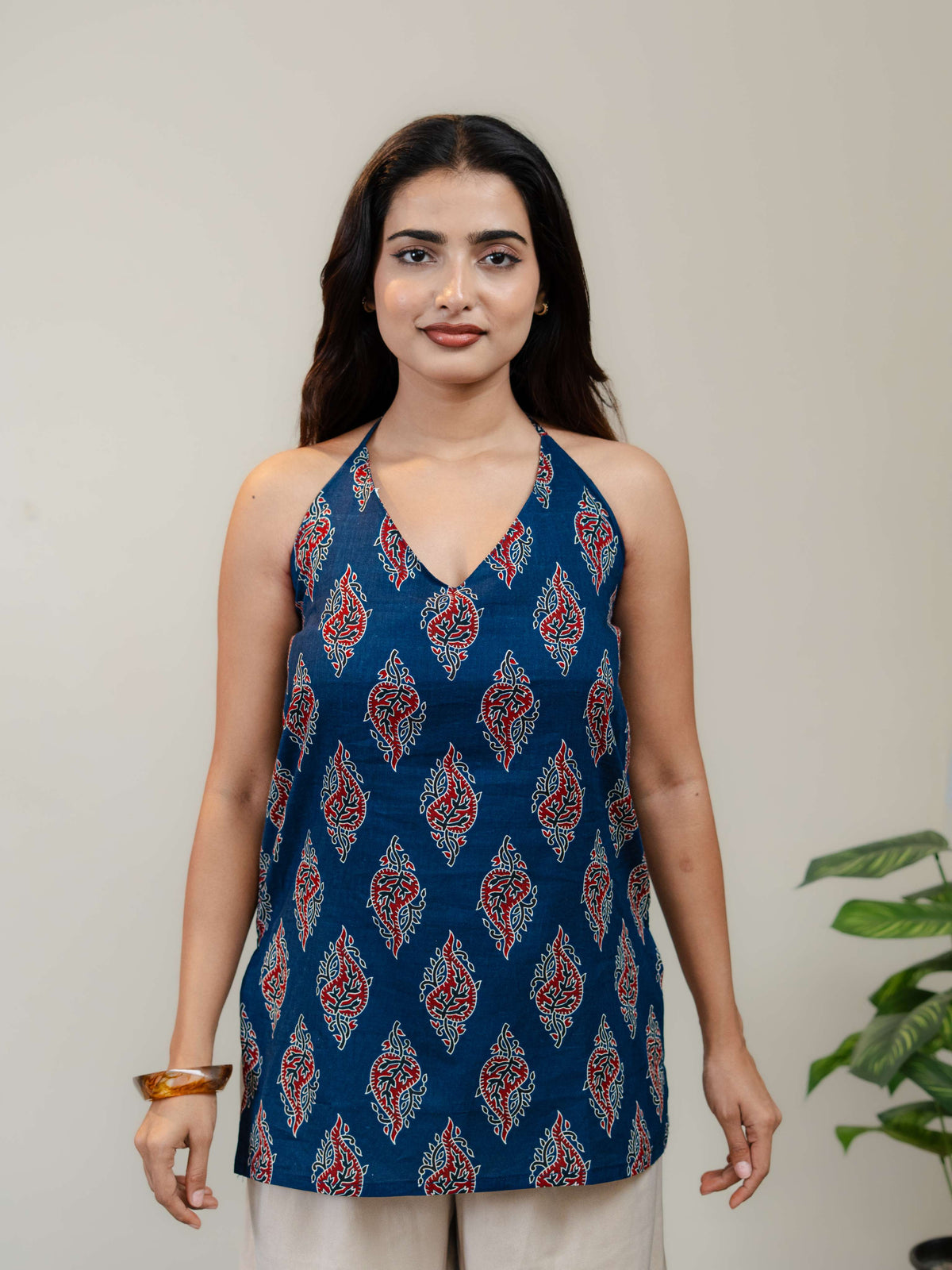 Navy Blue Halter Neck Printed Kurti for Women with Red & White Ethnic Motifs