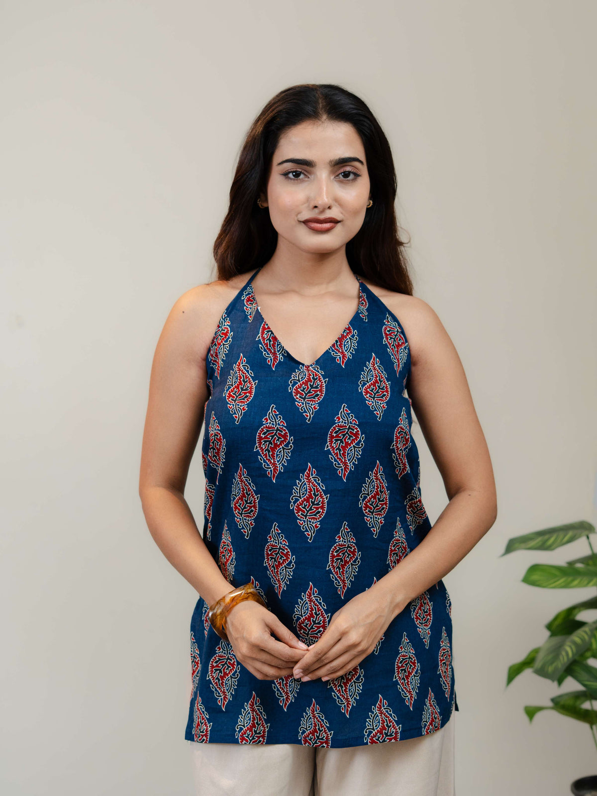 Navy Blue Halter Neck Printed Kurti for Women with Red & White Ethnic Motifs