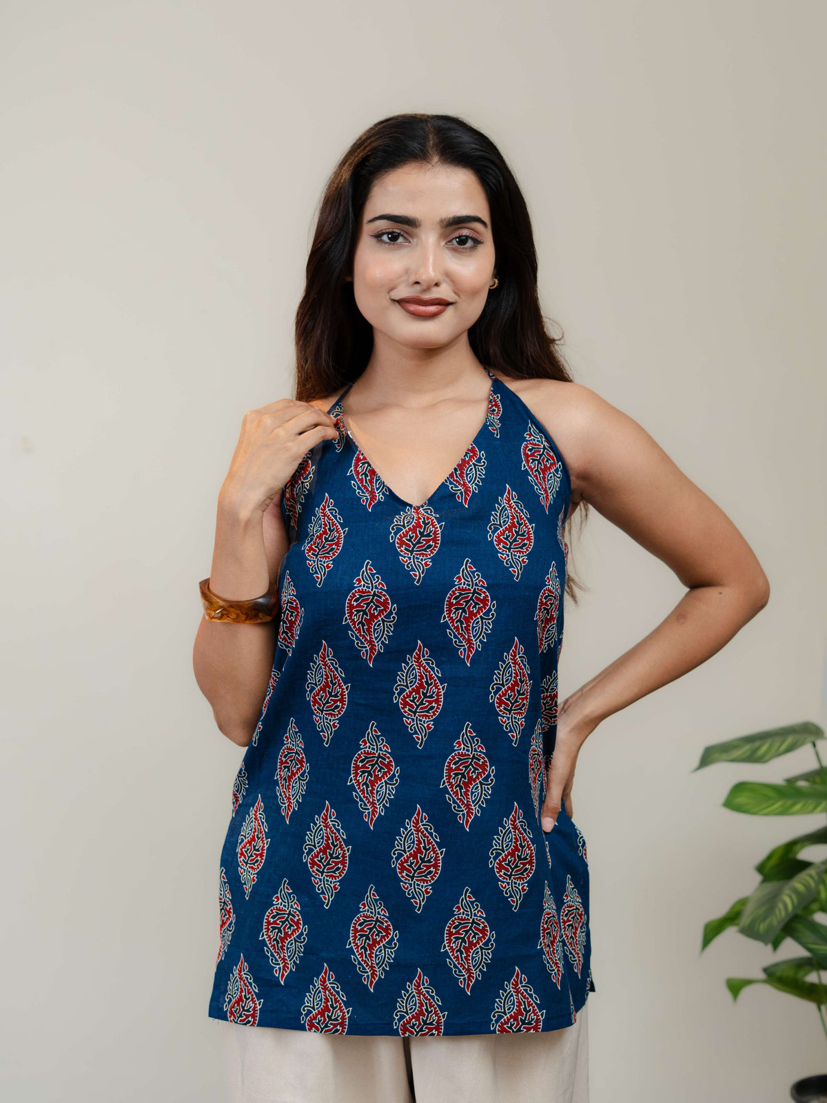 Navy Blue Halter Neck Printed Kurti for Women with Red & White Ethnic Motifs