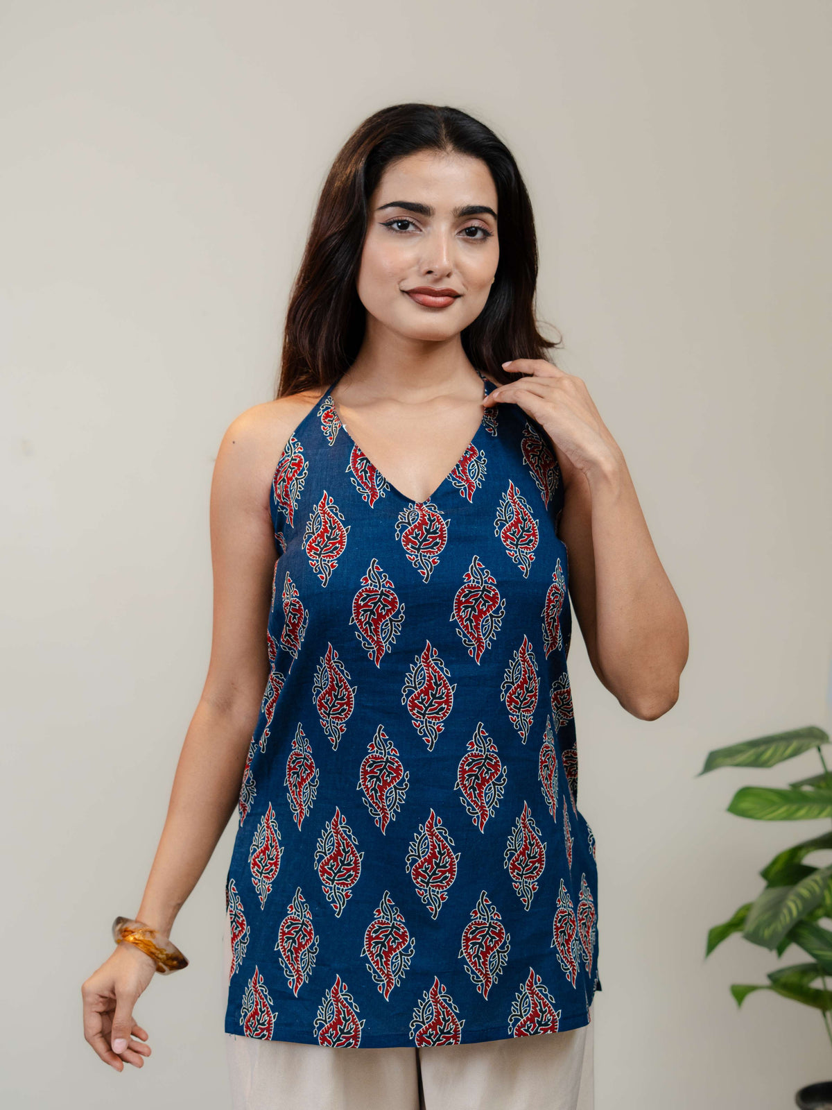 Navy Blue Halter Neck Printed Kurti for Women with Red & White Ethnic Motifs
