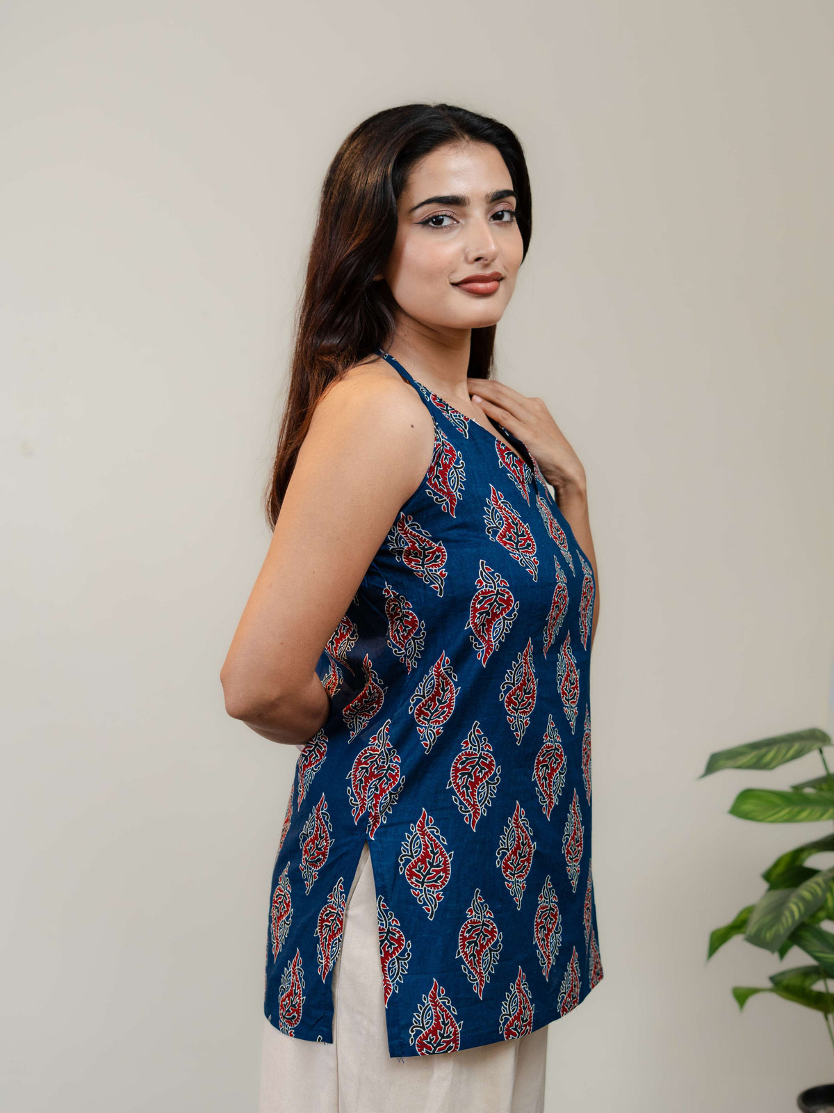 Navy Blue Halter Neck Printed Kurti for Women with Red & White Ethnic Motifs