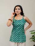 Emerald Green Floral Printed Sleeveless Kurti for Women with Tie-Up Straps