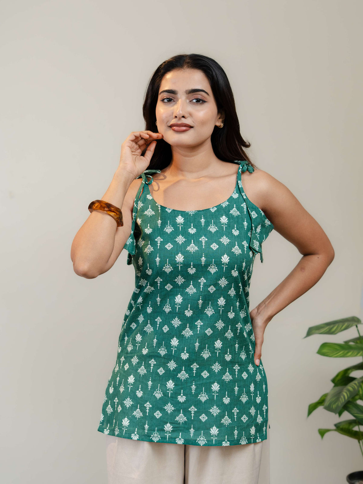 Emerald Green Floral Printed Sleeveless Kurti for Women with Tie-Up Straps