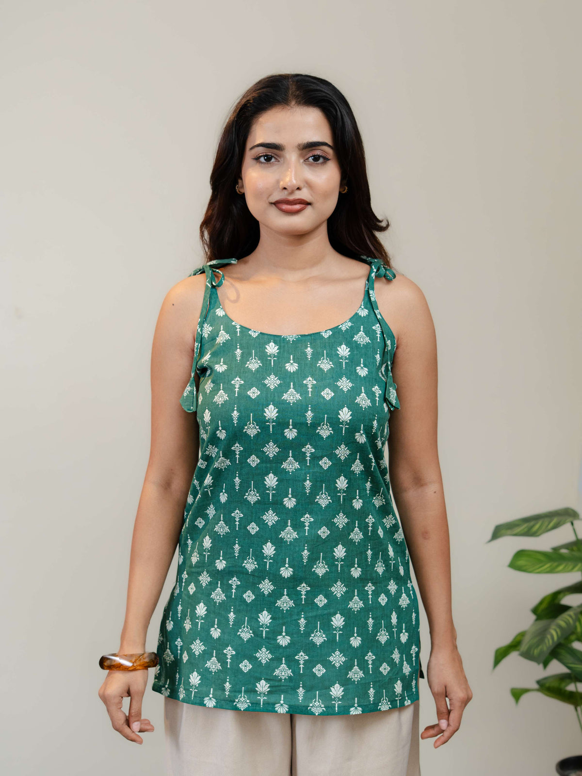 Emerald Green Floral Printed Sleeveless Kurti for Women with Tie-Up Straps