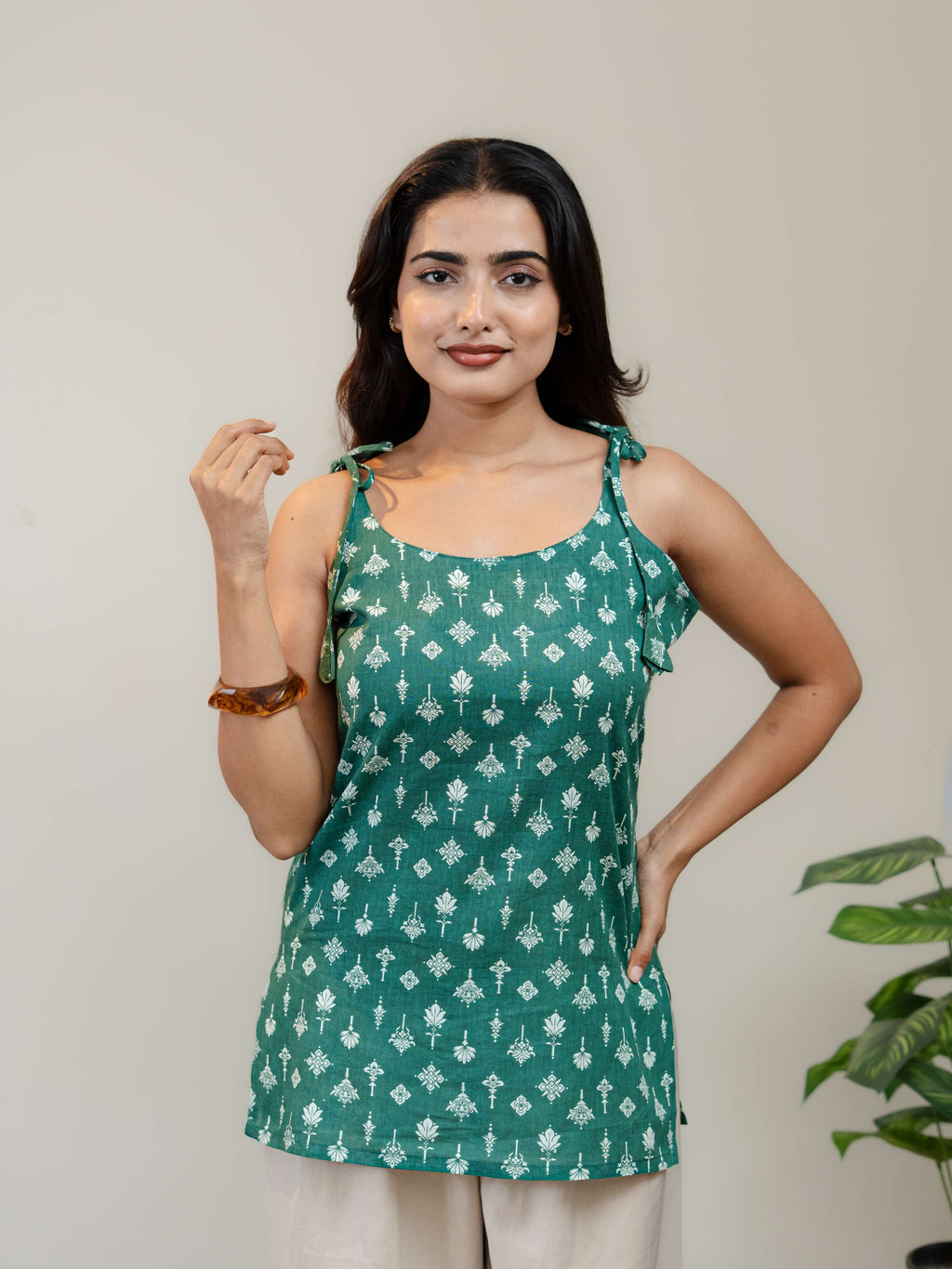 Emerald Green Floral Printed Sleeveless Kurti for Women with Tie-Up Straps