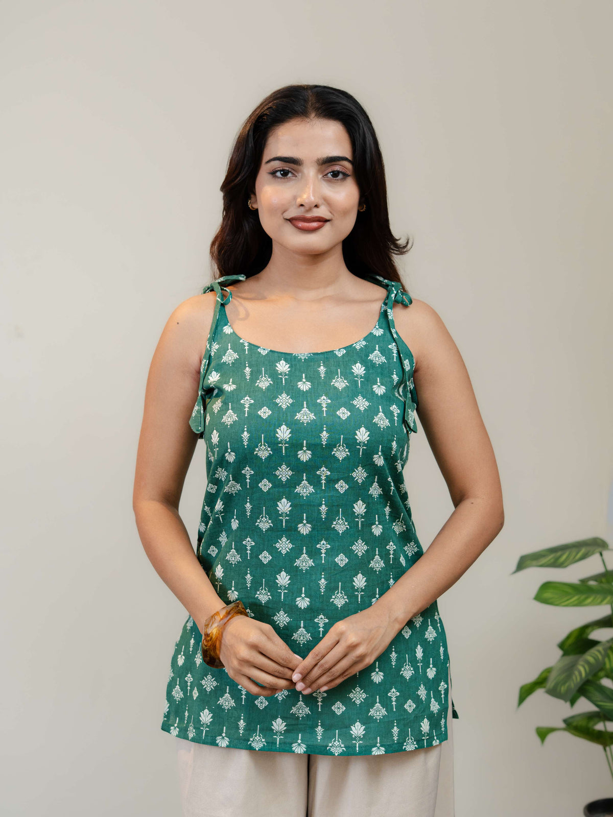 Emerald Green Floral Printed Sleeveless Kurti for Women with Tie-Up Straps