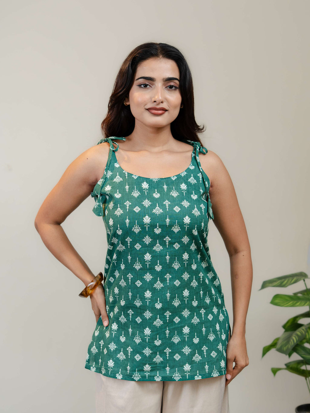 Emerald Green Floral Printed Sleeveless Kurti for Women with Tie-Up Straps