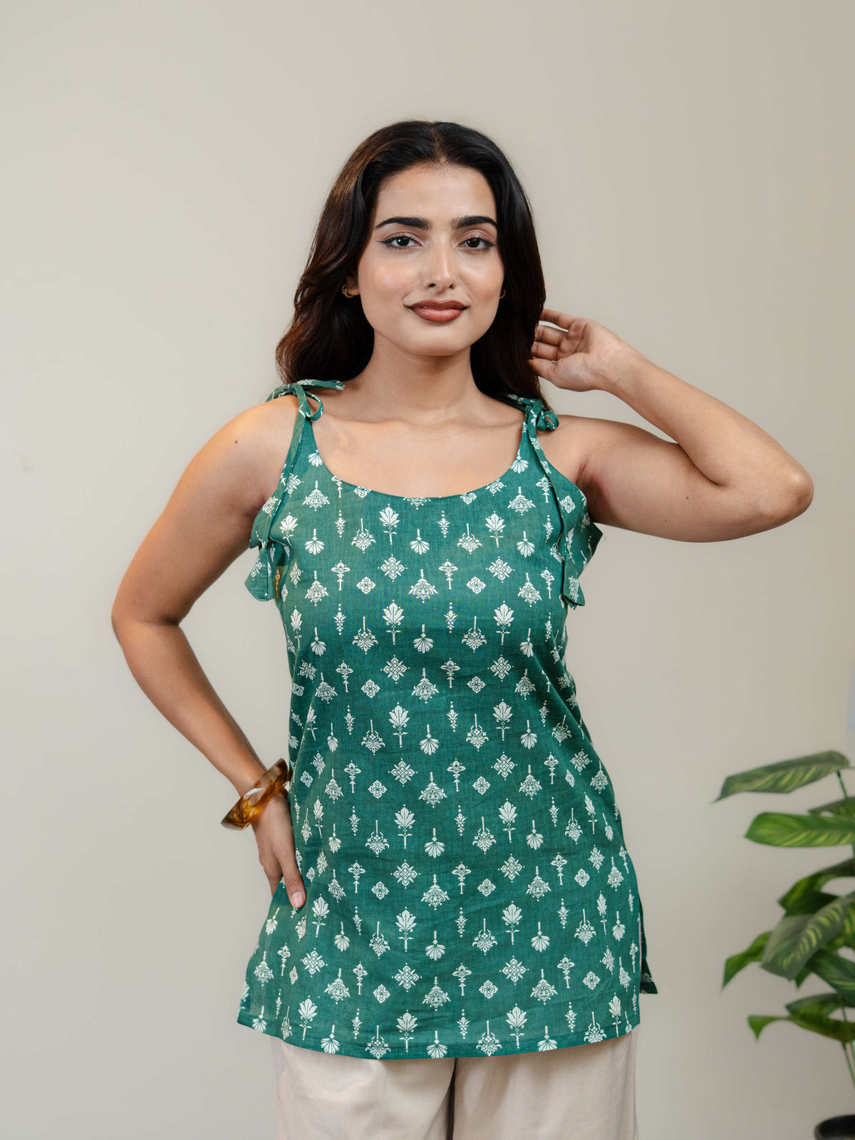 Emerald Green Floral Printed Sleeveless Kurti for Women with Tie-Up Straps