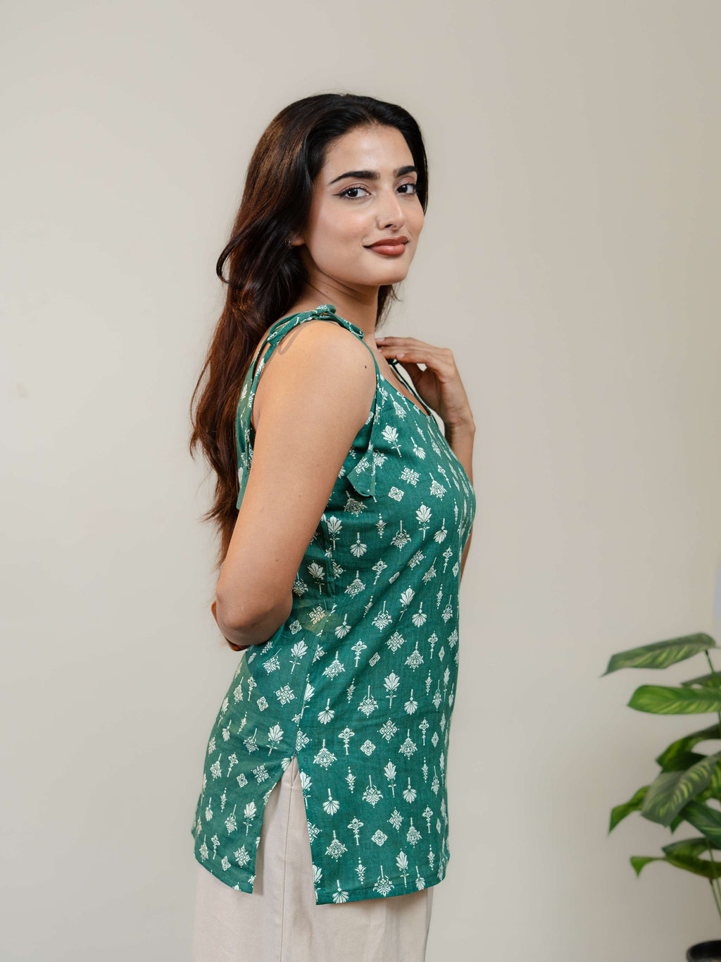 Emerald Green Floral Printed Sleeveless Kurti for Women with Tie-Up Straps