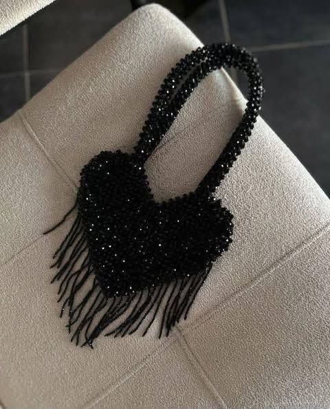 Black Crystal Beaded Fringe Handbag