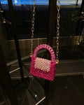 Pink Pearl Beaded Mini Handbag with Gold Chain Strap for Women