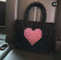Black Beaded Handbag with Pink Heart Design for Women