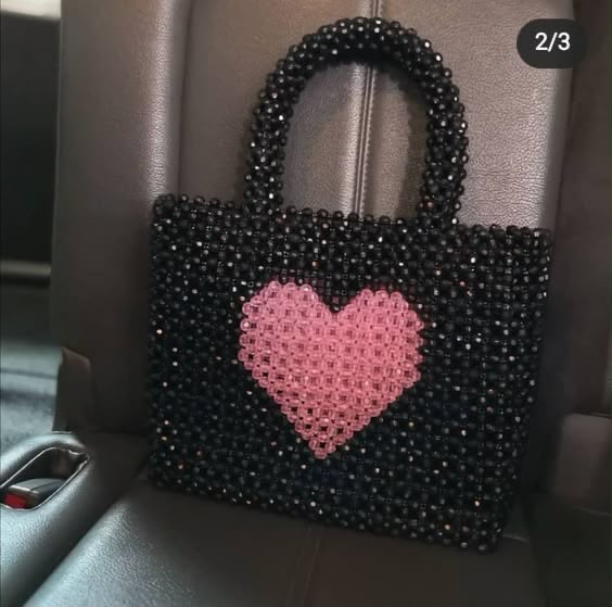 Black Beaded Handbag with Pink Heart Design for Women