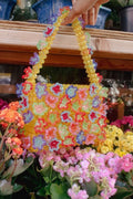 Yellow Beaded Floral Handbag for Women with Colorful Flower Design