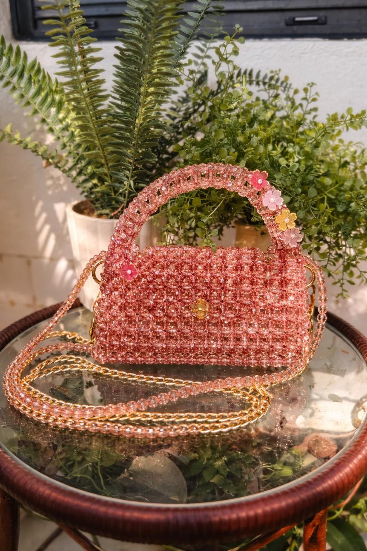 Blush Pink Beaded Mini Bag with Floral Handle