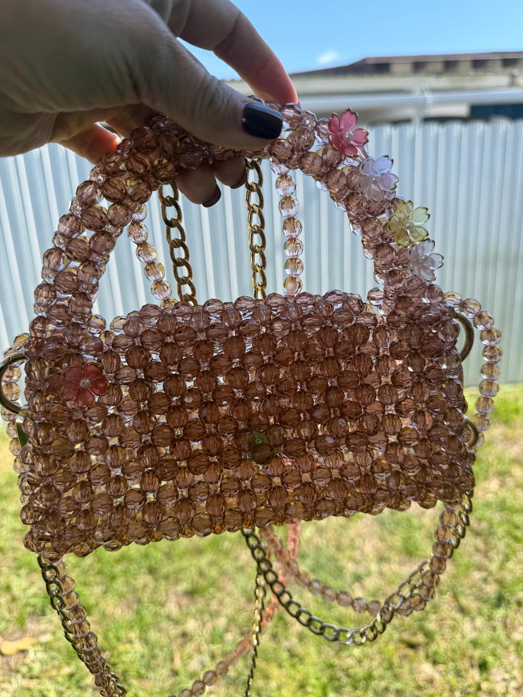 Blush Pink Beaded Mini Bag with Floral Handle