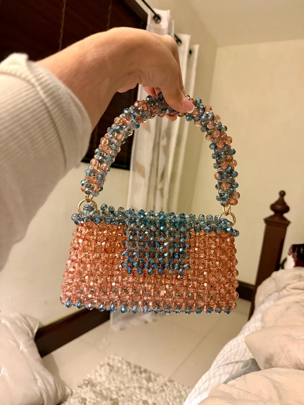 Handmade Crystal Beaded Mini Bag Blue & Champagne Bead Purse, Elegant Evening Bag