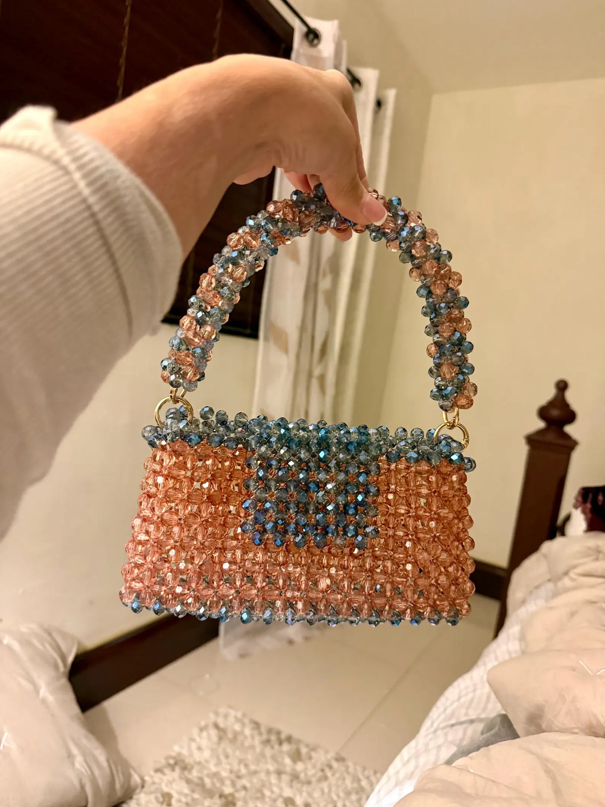 Handmade Crystal Beaded Mini Bag Blue & Champagne Bead Purse, Elegant Evening Bag