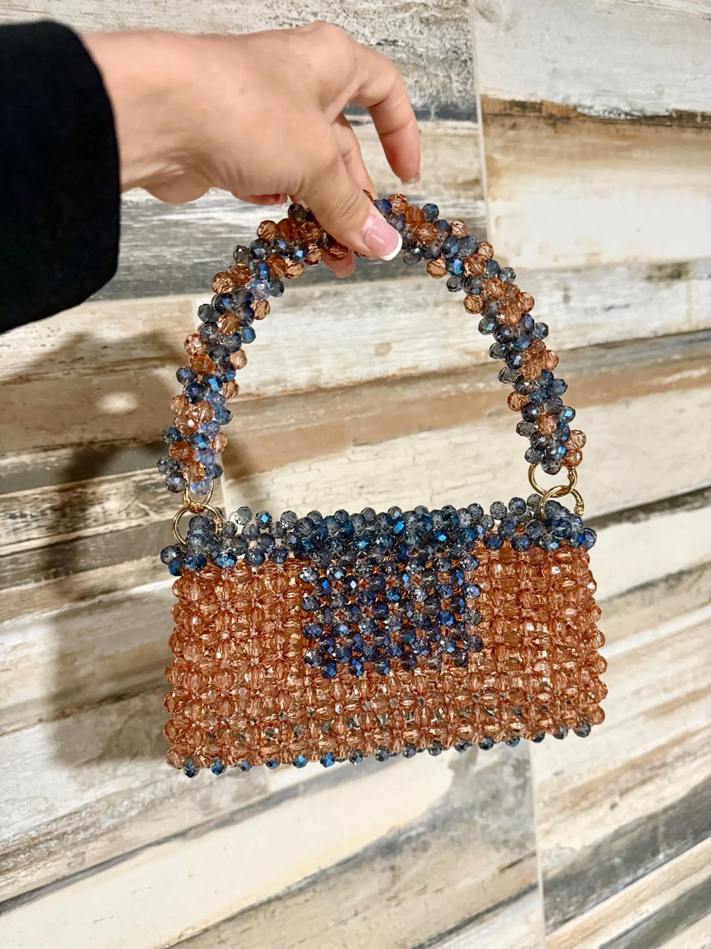 Handmade Crystal Beaded Mini Bag Blue & Champagne Bead Purse, Elegant Evening Bag