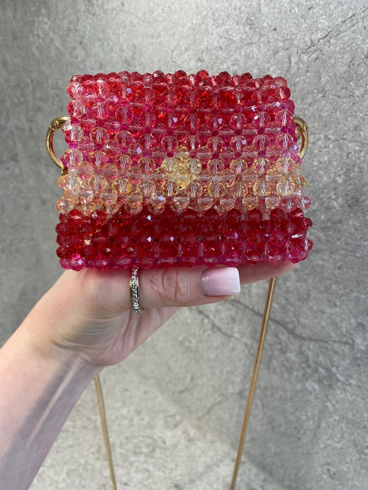 Beaded Evening Bag, Crystal Mini Purse, Pink and Red Beaded Bag, Handmade Shoulder Bag