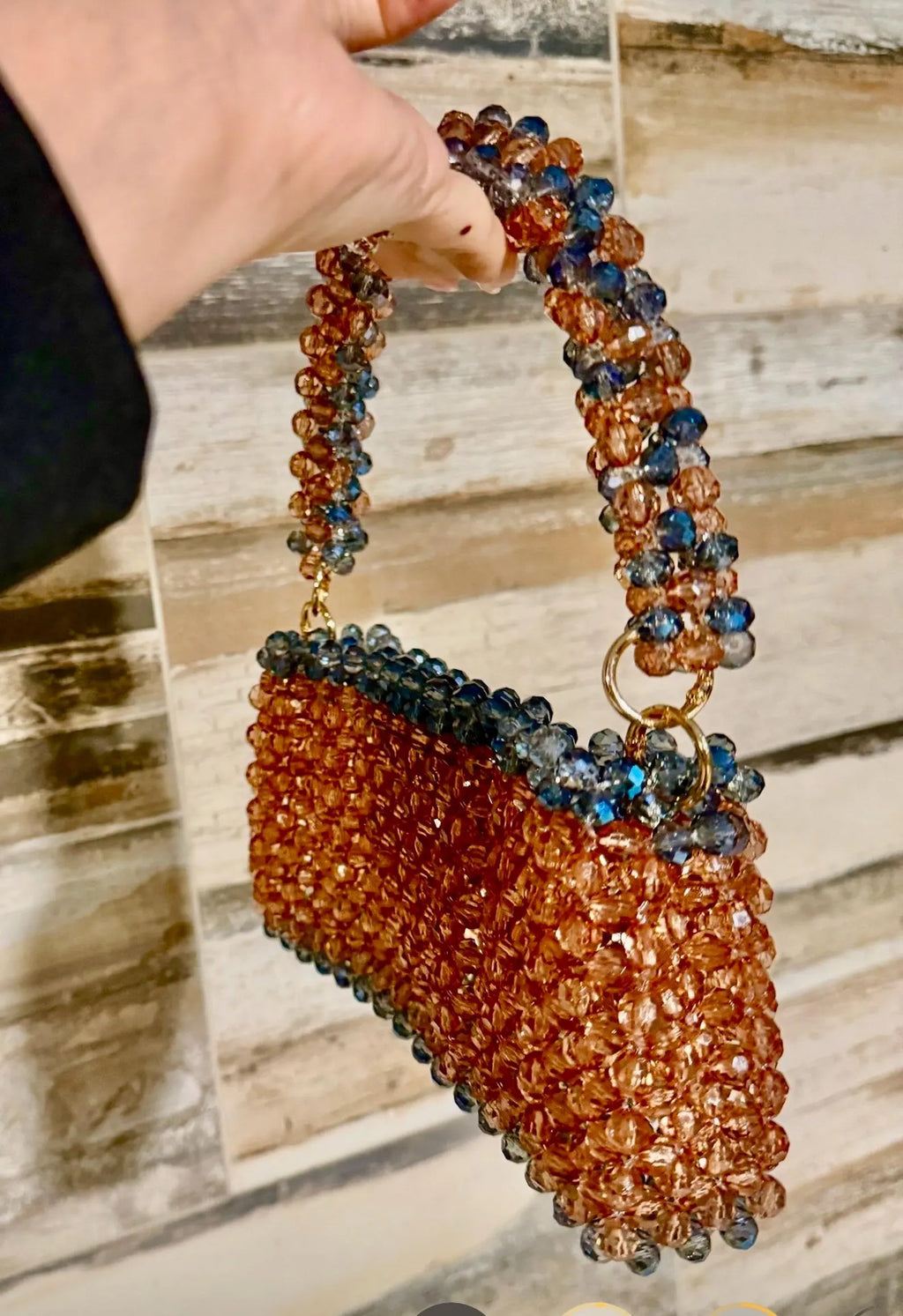 Handmade Crystal Beaded Mini Bag Blue & Champagne Bead Purse, Elegant Evening Bag
