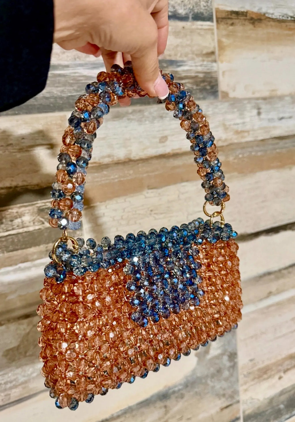 Handmade Crystal Beaded Mini Bag Blue & Champagne Bead Purse, Elegant Evening Bag