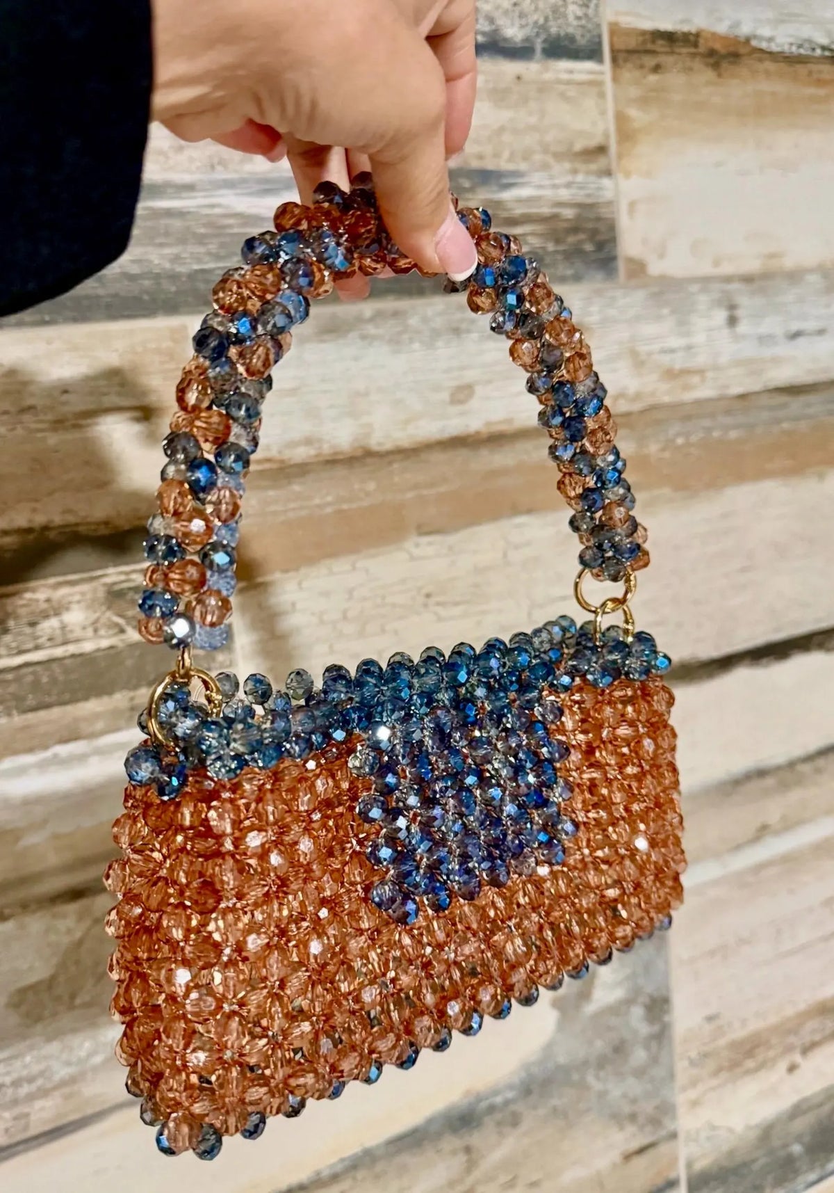 Handmade Crystal Beaded Mini Bag Blue & Champagne Bead Purse, Elegant Evening Bag