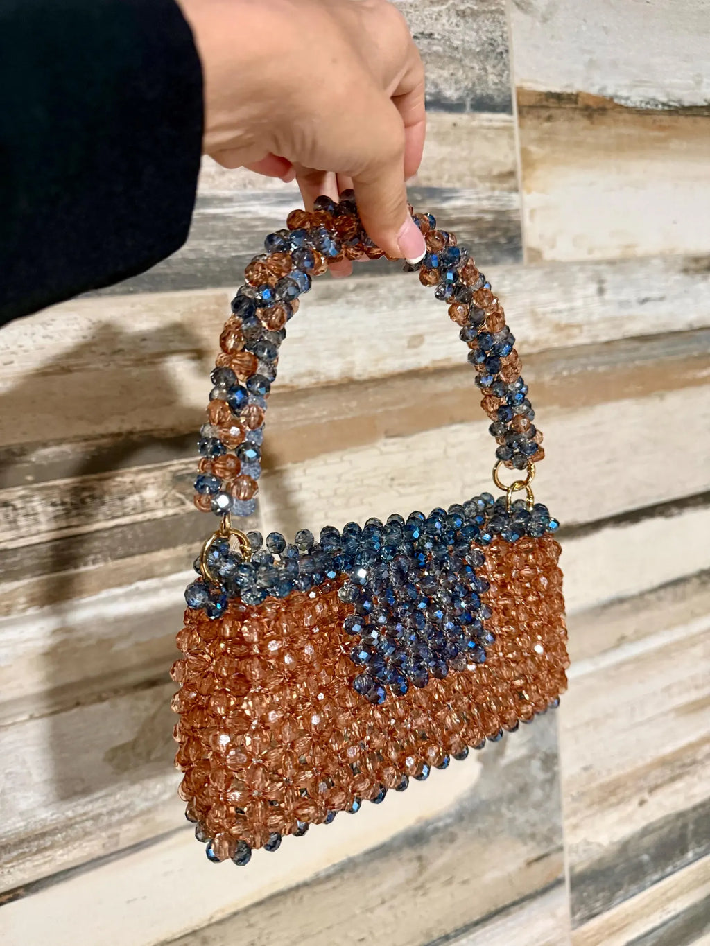 Handmade Crystal Beaded Mini Bag Blue & Champagne Bead Purse, Elegant Evening Bag