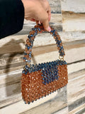 Handmade Crystal Beaded Mini Bag Blue & Champagne Bead Purse, Elegant Evening Bag