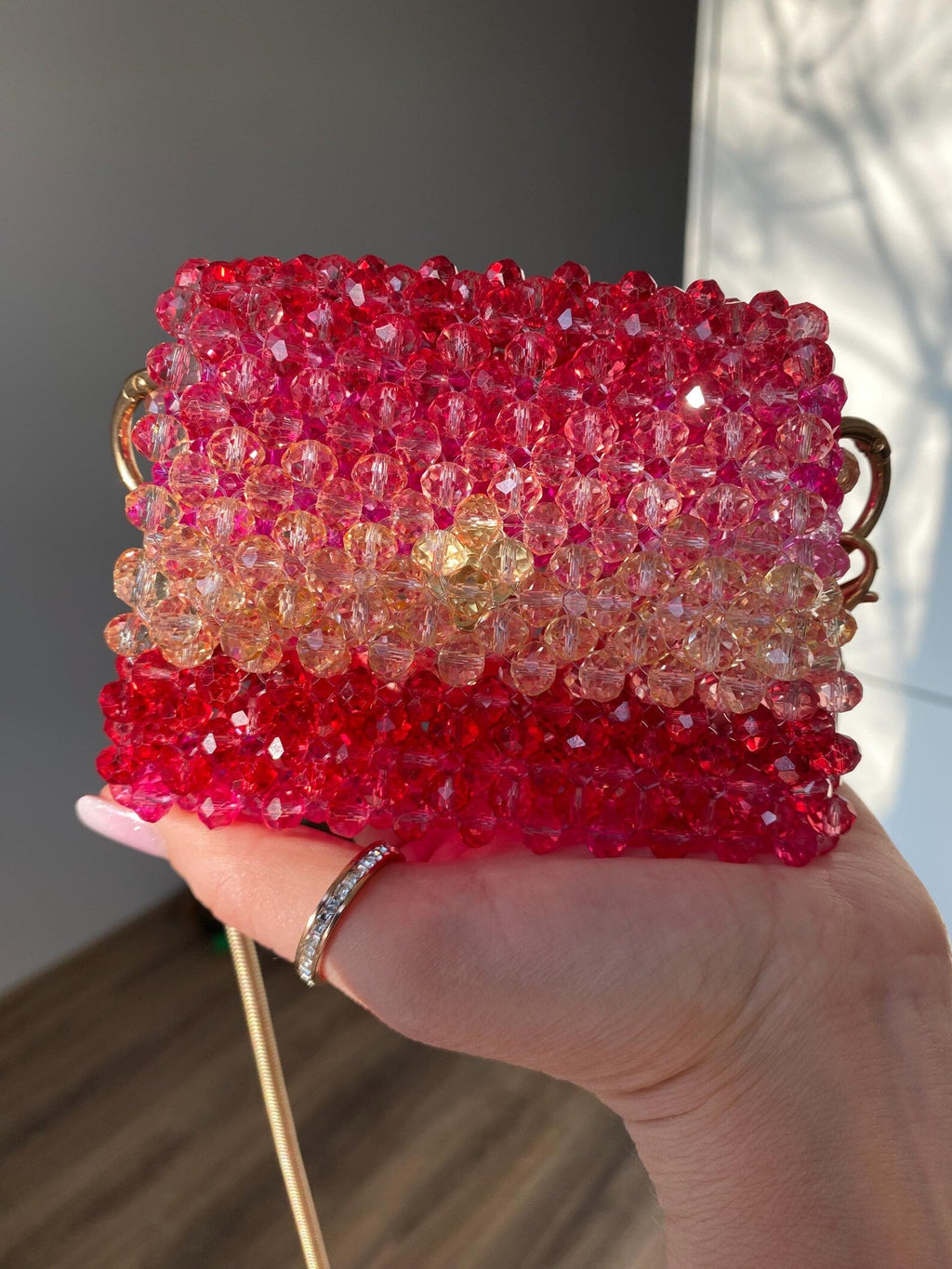 Beaded Evening Bag, Crystal Mini Purse, Pink and Red Beaded Bag, Handmade Shoulder Bag