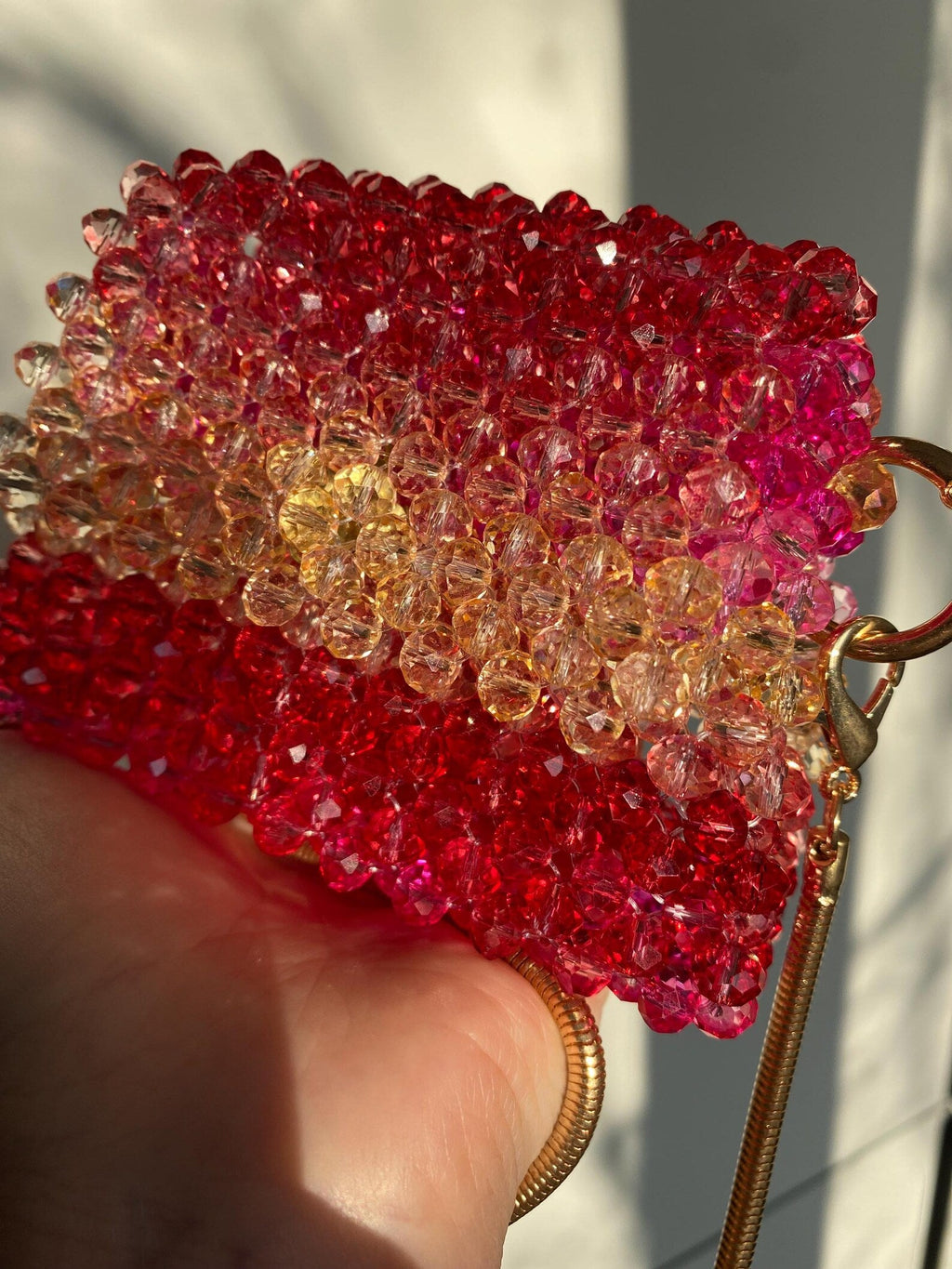 Beaded Evening Bag, Crystal Mini Purse, Pink and Red Beaded Bag, Handmade Shoulder Bag