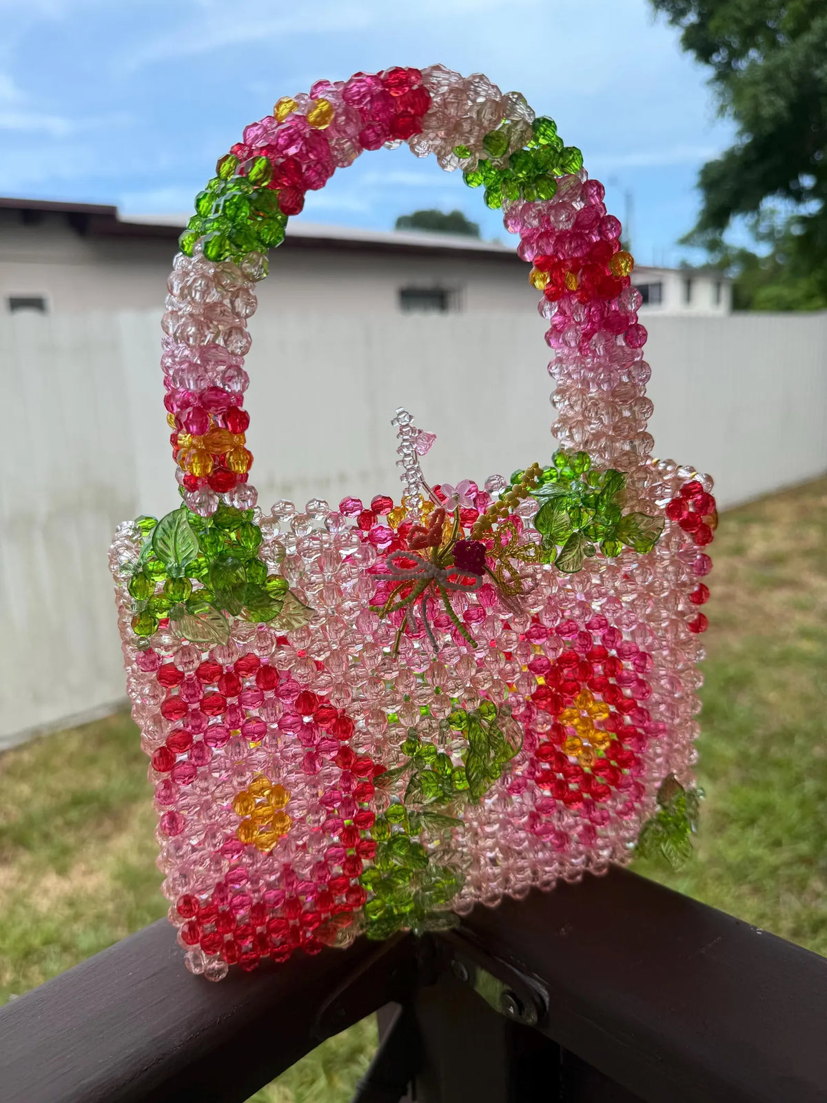 Handcrafted Beaded Handbag: Floral Strawberry Basket Purse, Romantic Cottagecore Accessory