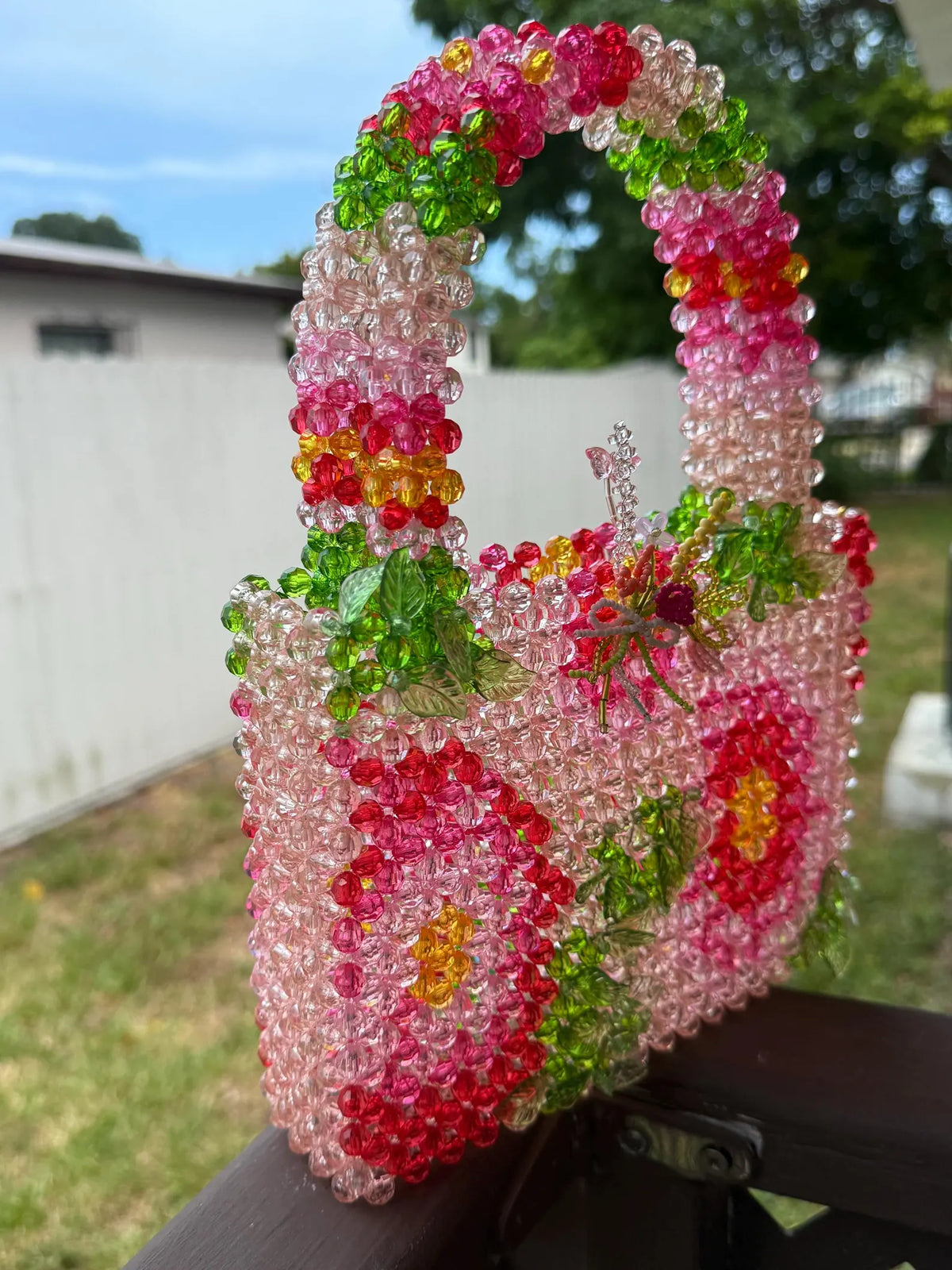 Handcrafted Beaded Handbag: Floral Strawberry Basket Purse, Romantic Cottagecore Accessory