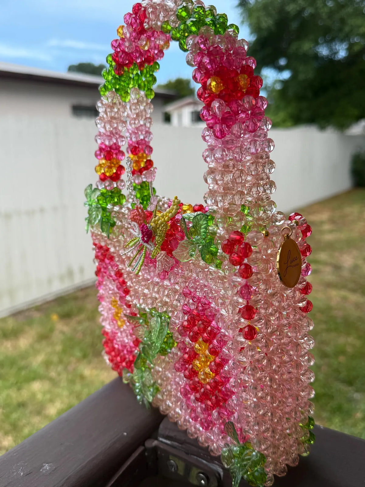 Handcrafted Beaded Handbag: Floral Strawberry Basket Purse, Romantic Cottagecore Accessory