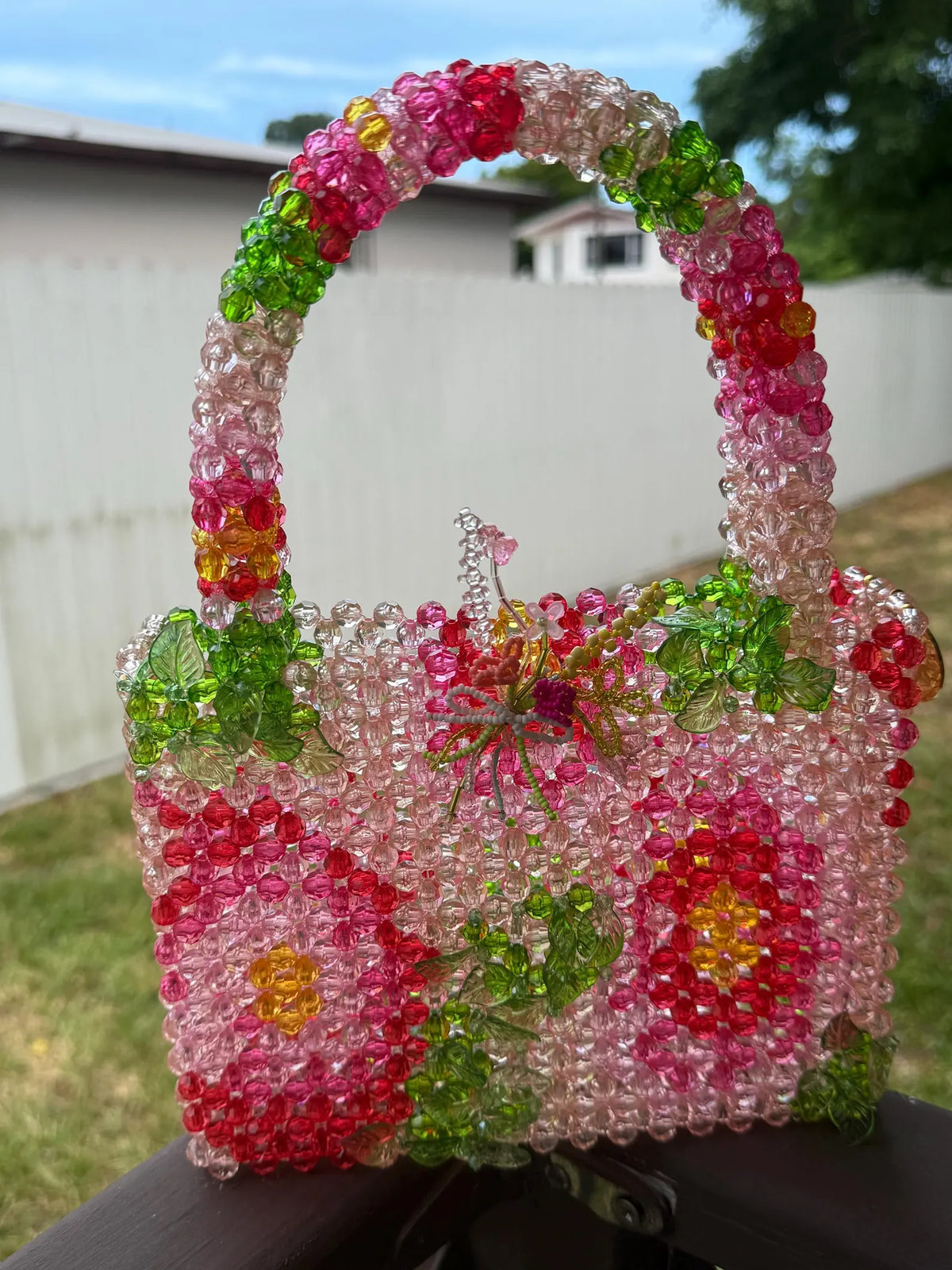 Handcrafted Beaded Handbag: Floral Strawberry Basket Purse, Romantic Cottagecore Accessory
