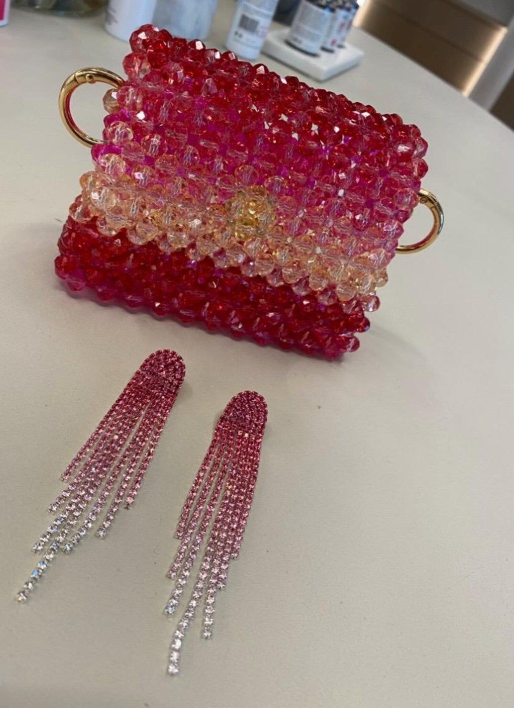 Beaded Evening Bag, Crystal Mini Purse, Pink and Red Beaded Bag, Handmade Shoulder Bag