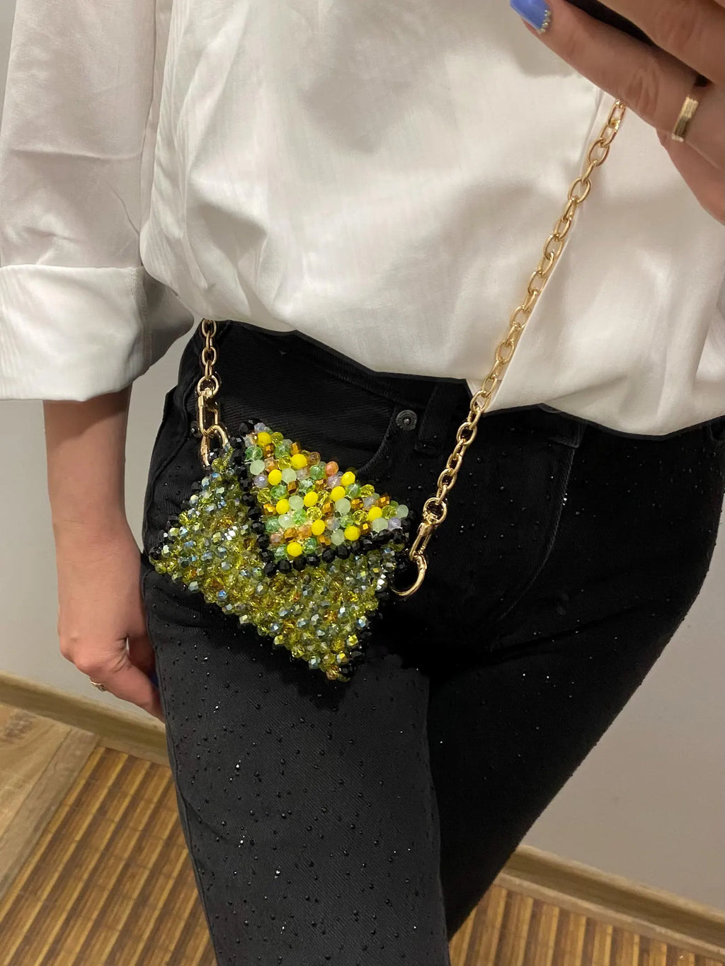 Green Yellow Black Mini Beaded Bag, Handmade Crystal Micro Bag, Tiny Evening Purse, Beaded Shoulder Bag, Unique Gift for Her
