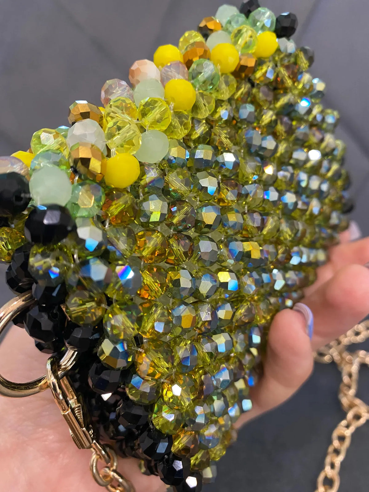 Green Yellow Black Mini Beaded Bag, Handmade Crystal Micro Bag, Tiny Evening Purse, Beaded Shoulder Bag, Unique Gift for Her
