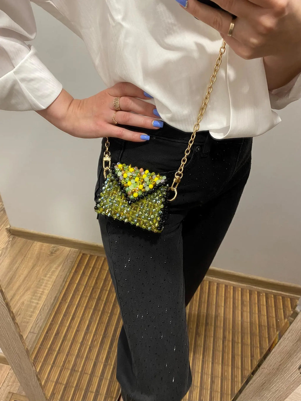 Green Yellow Black Mini Beaded Bag, Handmade Crystal Micro Bag, Tiny Evening Purse, Beaded Shoulder Bag, Unique Gift for Her