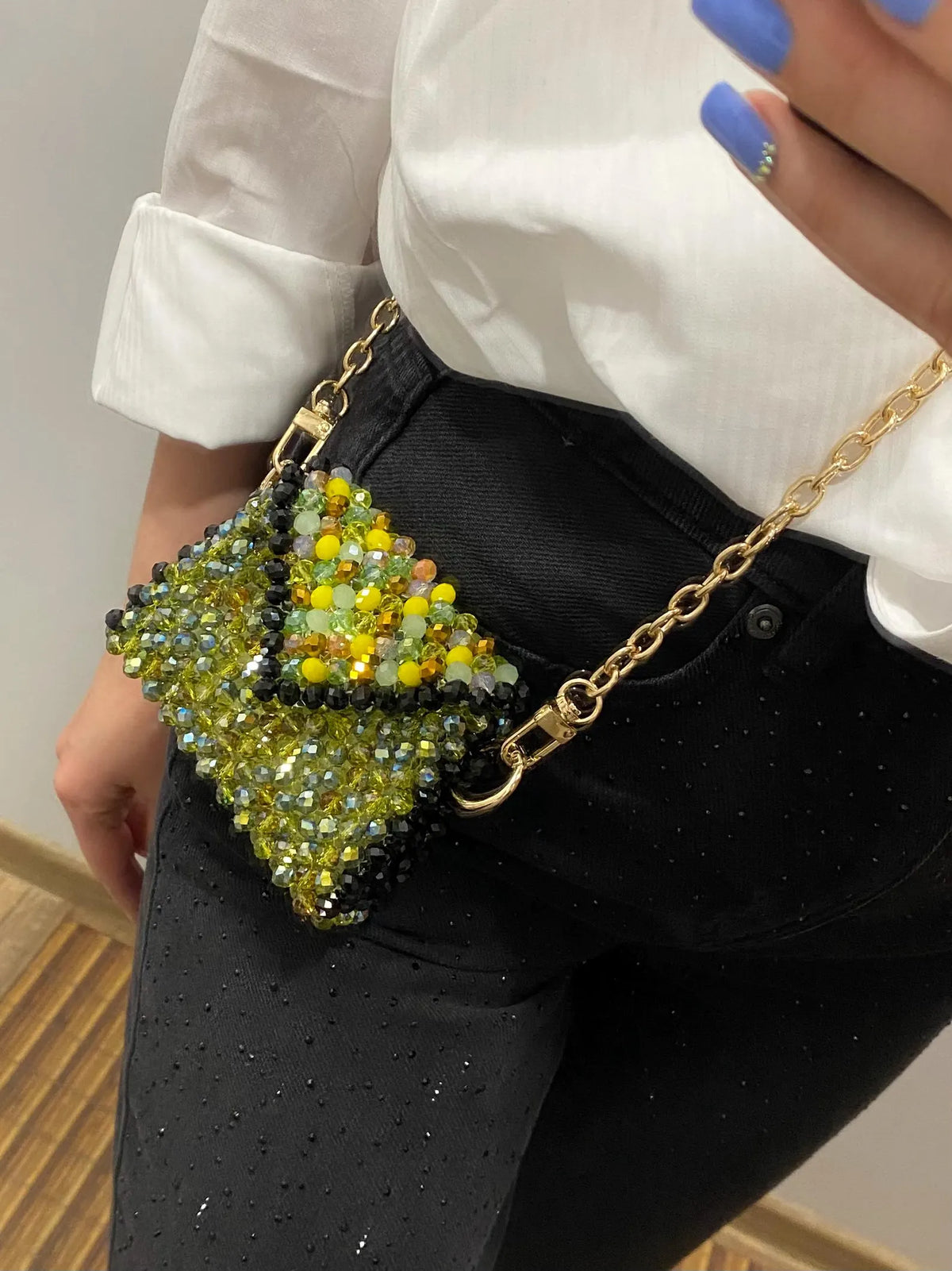 Green Yellow Black Mini Beaded Bag, Handmade Crystal Micro Bag, Tiny Evening Purse, Beaded Shoulder Bag, Unique Gift for Her