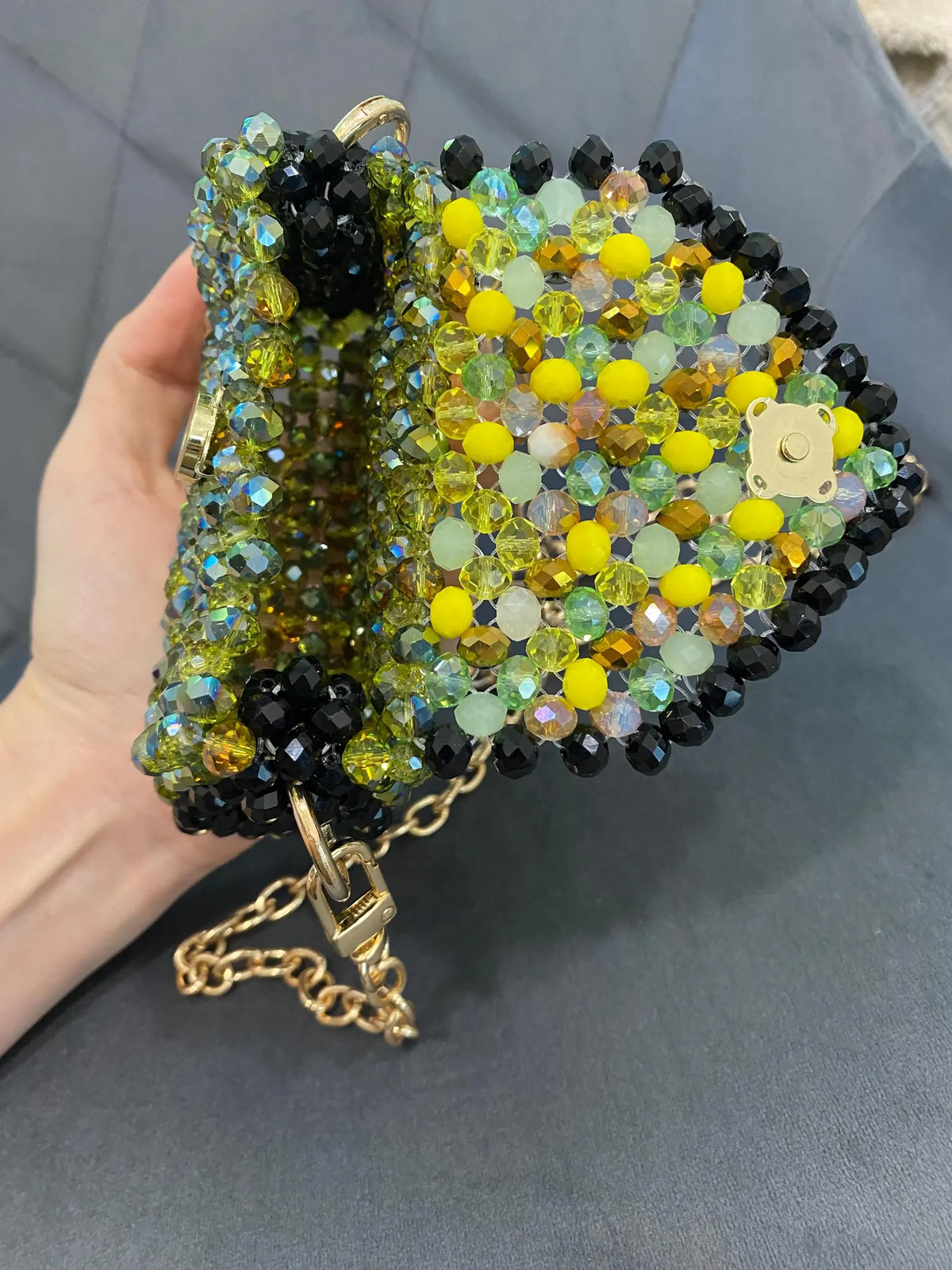 Green Yellow Black Mini Beaded Bag, Handmade Crystal Micro Bag, Tiny Evening Purse, Beaded Shoulder Bag, Unique Gift for Her
