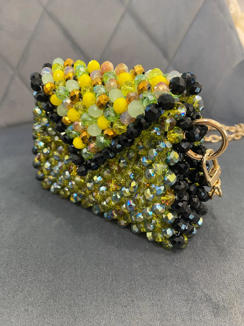 Green Yellow Black Mini Beaded Bag, Handmade Crystal Micro Bag, Tiny Evening Purse, Beaded Shoulder Bag, Unique Gift for Her