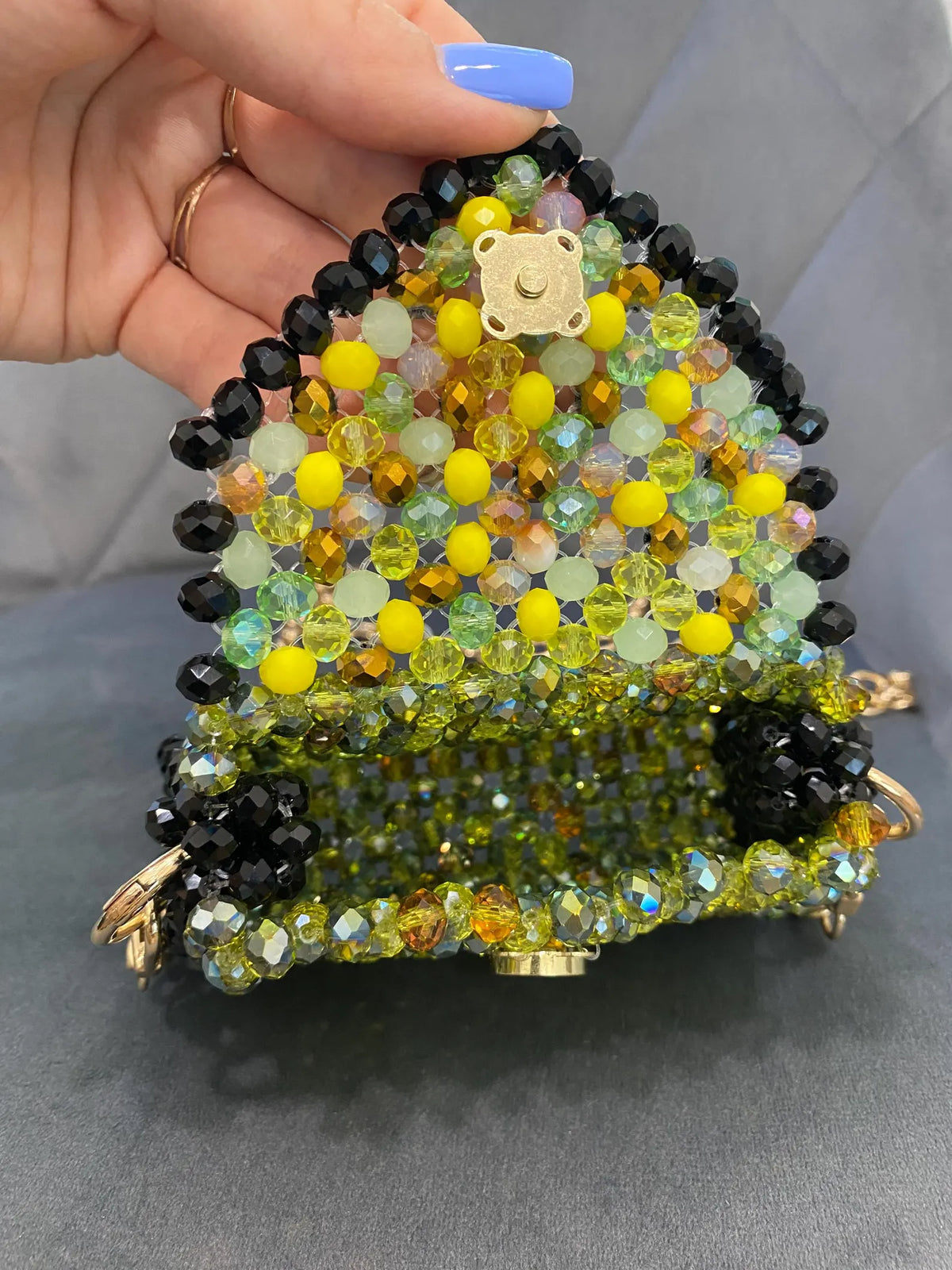 Green Yellow Black Mini Beaded Bag, Handmade Crystal Micro Bag, Tiny Evening Purse, Beaded Shoulder Bag, Unique Gift for Her