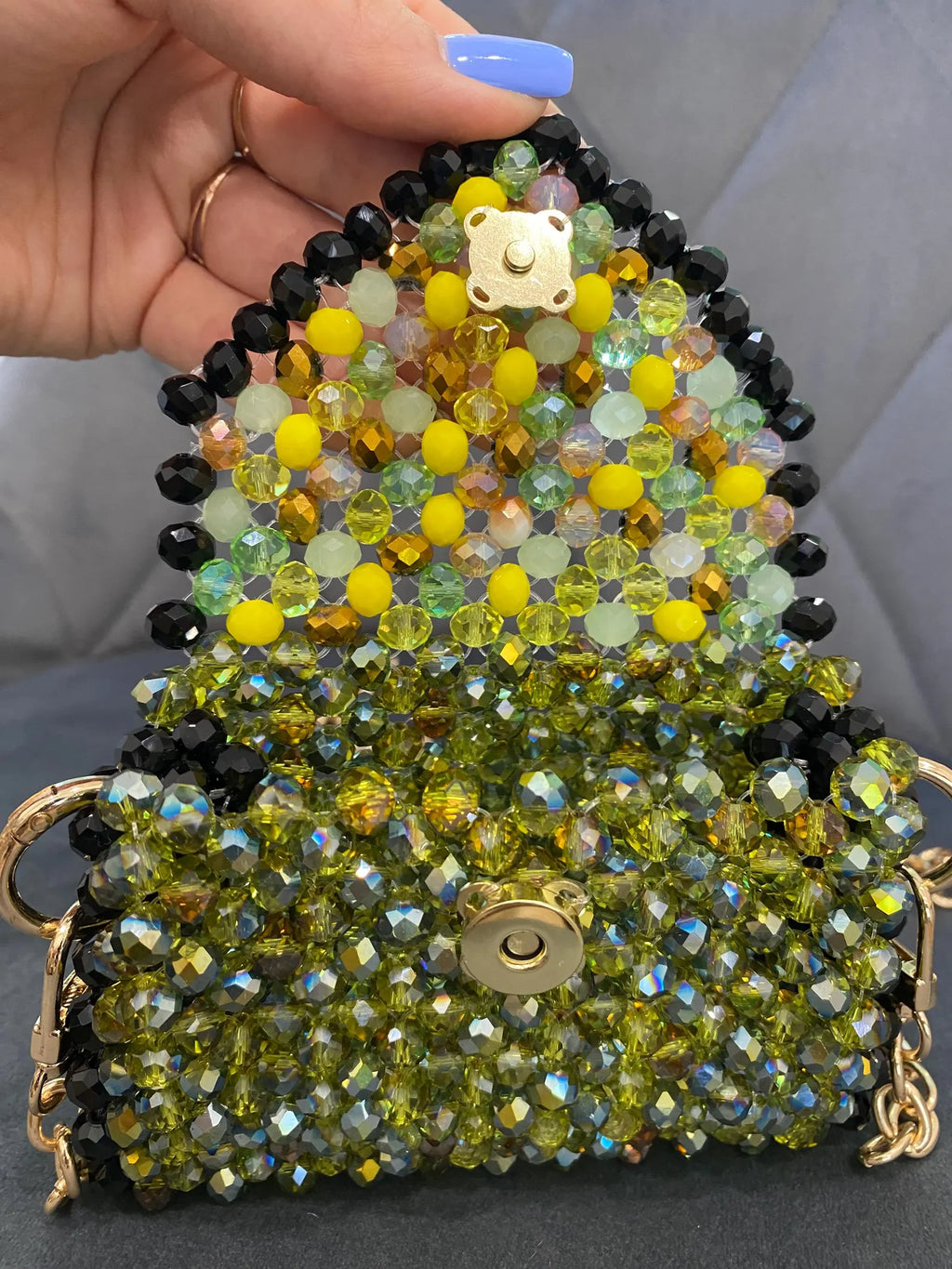 Green Yellow Black Mini Beaded Bag, Handmade Crystal Micro Bag, Tiny Evening Purse, Beaded Shoulder Bag, Unique Gift for Her