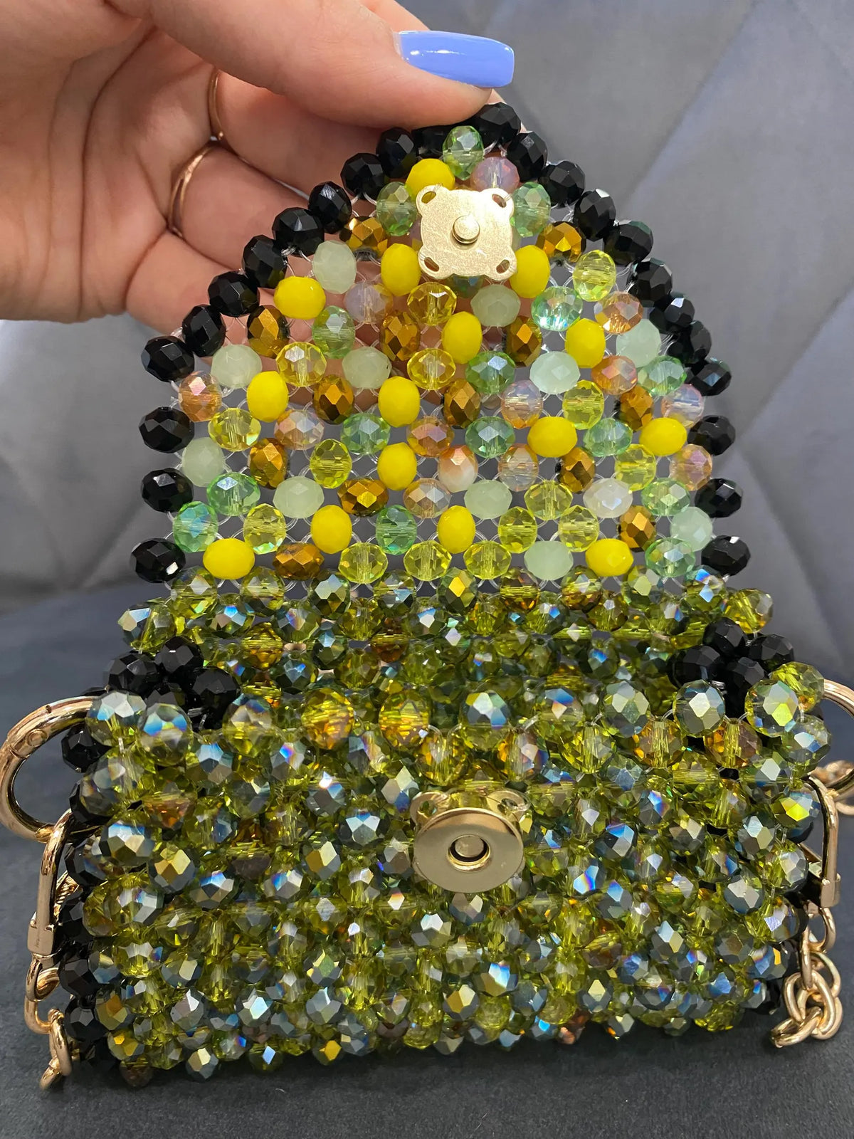 Green Yellow Black Mini Beaded Bag, Handmade Crystal Micro Bag, Tiny Evening Purse, Beaded Shoulder Bag, Unique Gift for Her