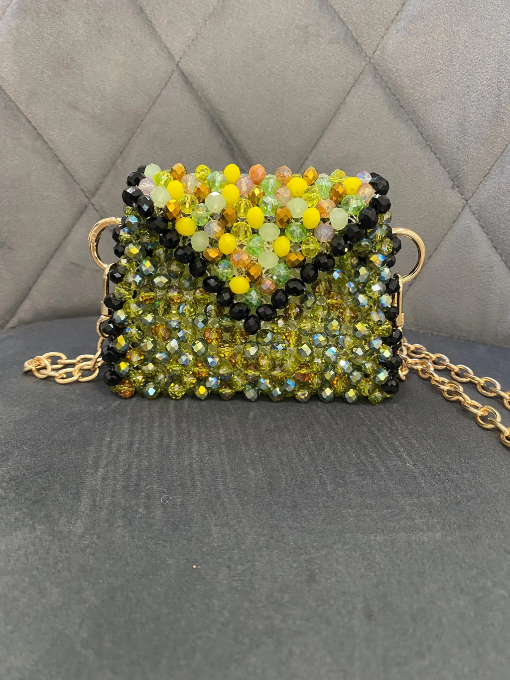 Green Yellow Black Mini Beaded Bag, Handmade Crystal Micro Bag, Tiny Evening Purse, Beaded Shoulder Bag, Unique Gift for Her
