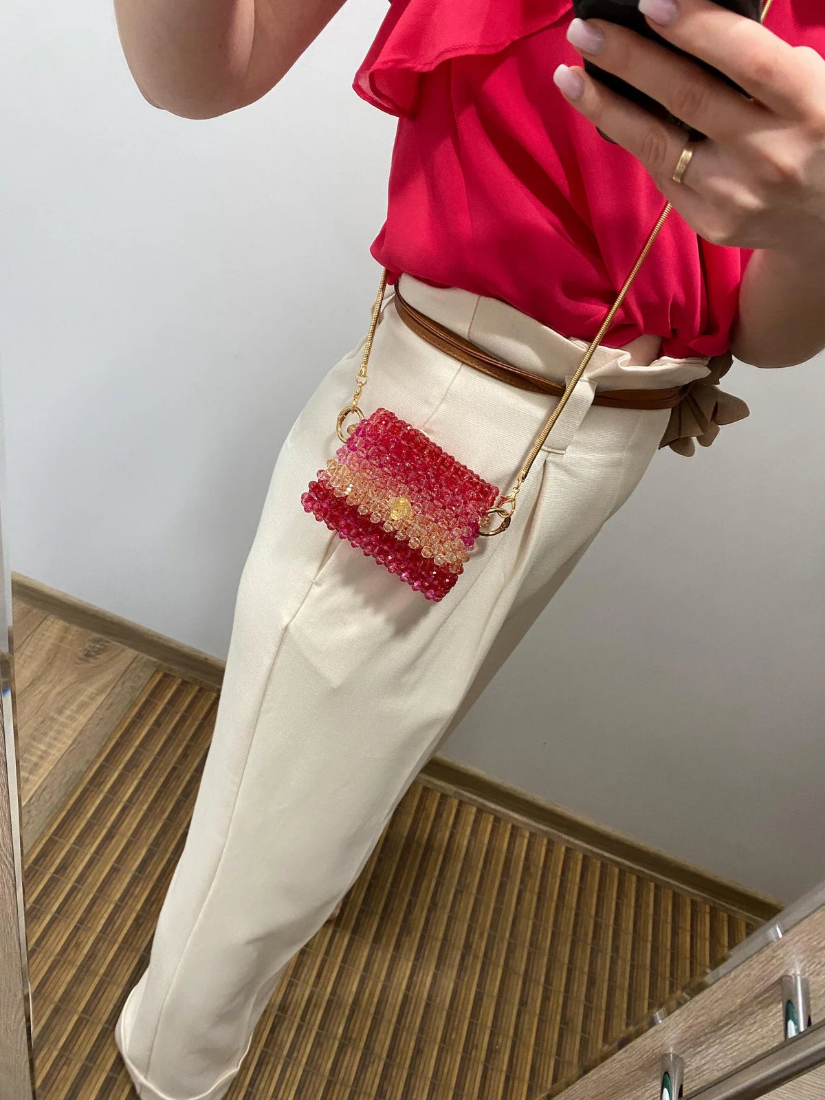 Beaded Evening Bag, Crystal Mini Purse, Pink and Red Beaded Bag, Handmade Shoulder Bag