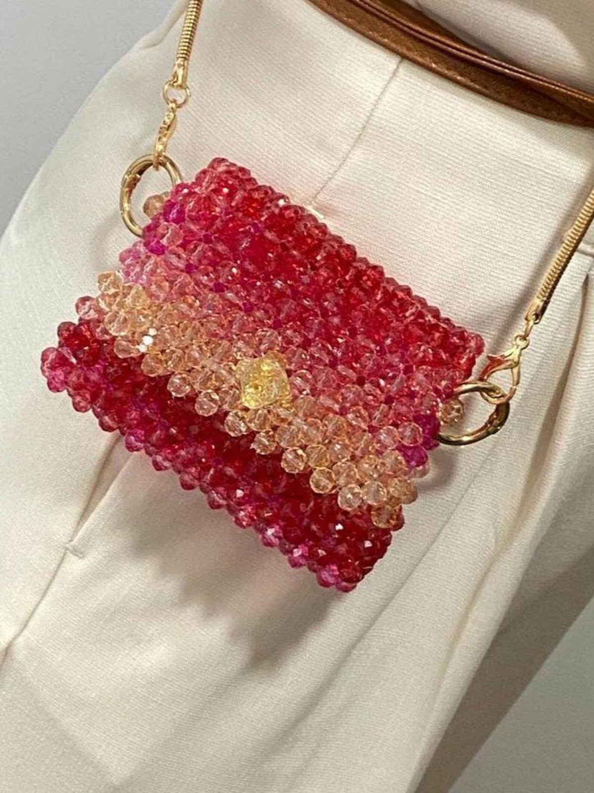 Beaded Evening Bag, Crystal Mini Purse, Pink and Red Beaded Bag, Handmade Shoulder Bag
